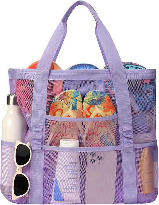Beach Bag - Mesh Beach Bag Large 8 Pockets, Beach Tote Bag Beach Essentials for Vacation Must Haves