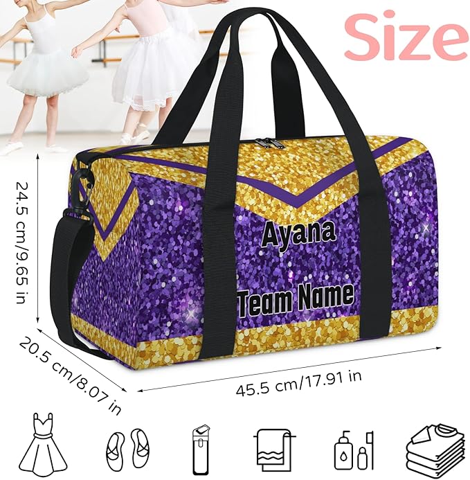 Personalized Cheerleaders' Bag with Team Number, Custom Sport Duffel Weekender Workout Dance Bags for Travel, Gold Purple Sequins Glitter