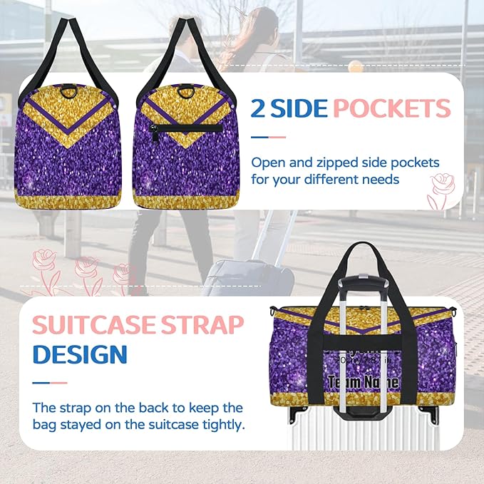 Personalized Cheerleaders' Bag with Team Number, Custom Sport Duffel Weekender Workout Dance Bags for Travel, Gold Purple Sequins Glitter