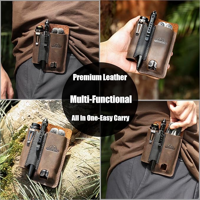 Topstache Leather Multitool Sheath with Belt Clip - Multitool Holster for Belt - EDC Belt Organizer Fits, Flashlight, Pen - Leather Pouch - Holder, Dark Brown