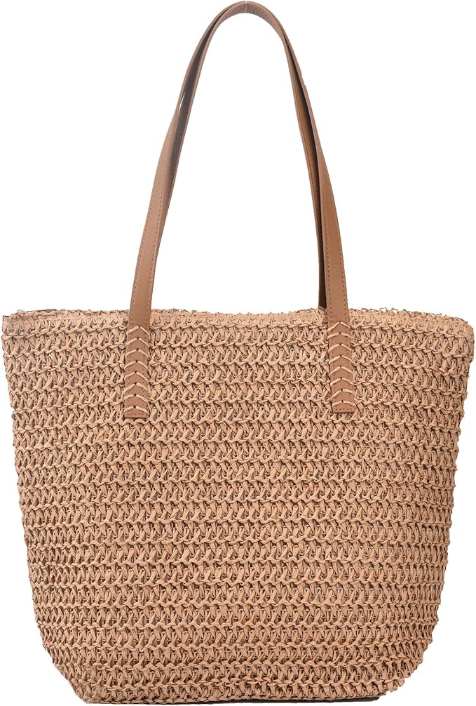 Large Straw Beach Bag for Womens, Straw Handbag Woven Tote Bag With Zipper Summer Shoulder Bag