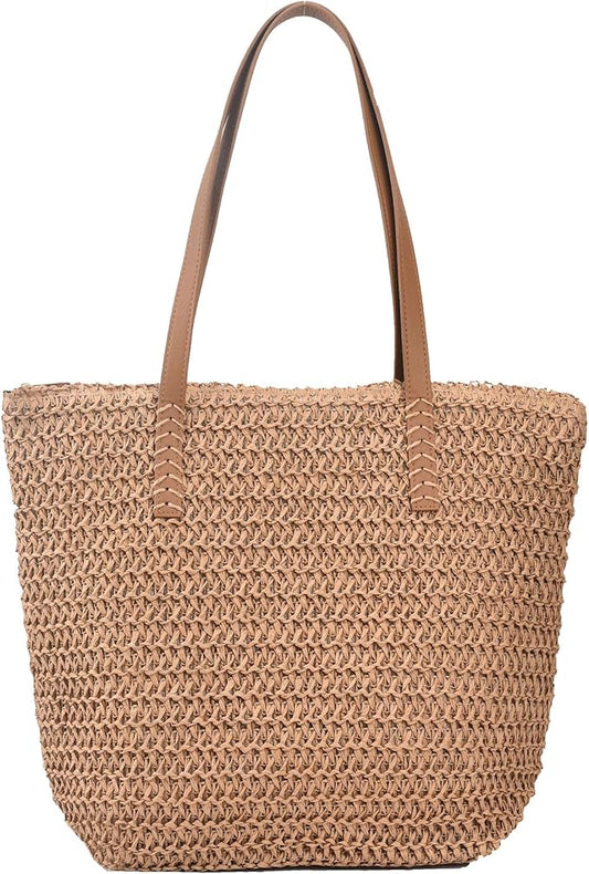 Large Straw Beach Bag for Womens, Straw Handbag Woven Tote Bag With Zipper Summer Shoulder Bag