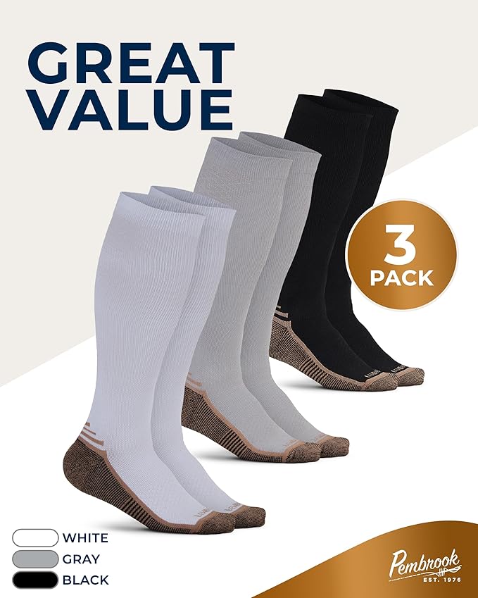 Pembrook 3 Pairs Copper Mens Compression Socks 20-30 mmHg, Running, Hiking, Athletic Cycling, Travel | Circulation Support