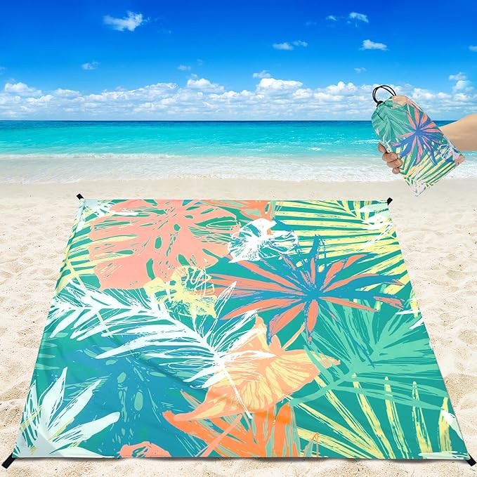 Beach Blanket Waterproof Sandproof Beach Mat for 1-8 Adults Quick Drying Durable Outdoor Picnic Mat for Beach Festival Travel Camping Hiking (Colorful-Palm, 79"×83"(4 Person))