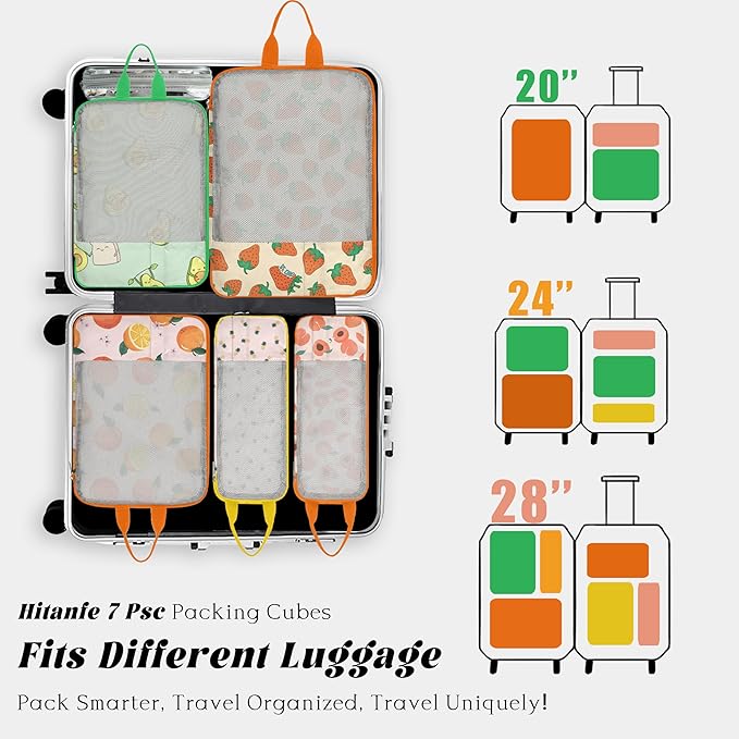 7 Pcs Compression Packing Cubes Travel for Suitcases, Luggage Organizer Washable Storage Bags Set for Backpack Travel- Packaging Cubes for Carry-Ons and Storage