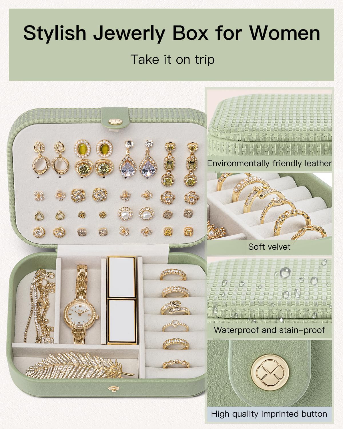 Vlando Travel Jewelry Case, PU Leather Travel Jewelry Box with Earring Holder, Portable Display Small Jewelry Box for Mothers Day Women Girls Gift - Green