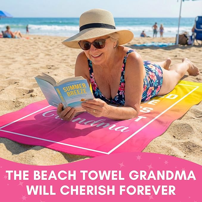Grandma Beach Towel – Best Grandma Ever Gift, 60”x30” Beach & Pool Towel for Summer, Vacation, Travel, Birthday, Mother’s Day or New Grandma Present from Granddaughter or Grandson