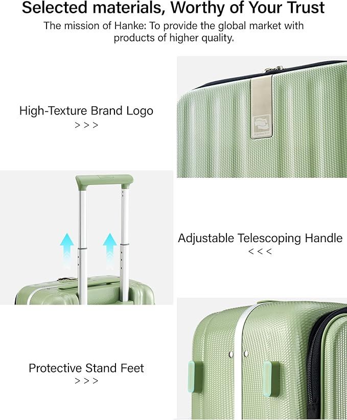 Hanke 16 Inch Underseat Carry On Luggage with Wheels,Small Hard Shell Suitcases for Weekender,Top Opening Lightweight Travel Luggage Suitcase for Womem Men,Bamboo Green.