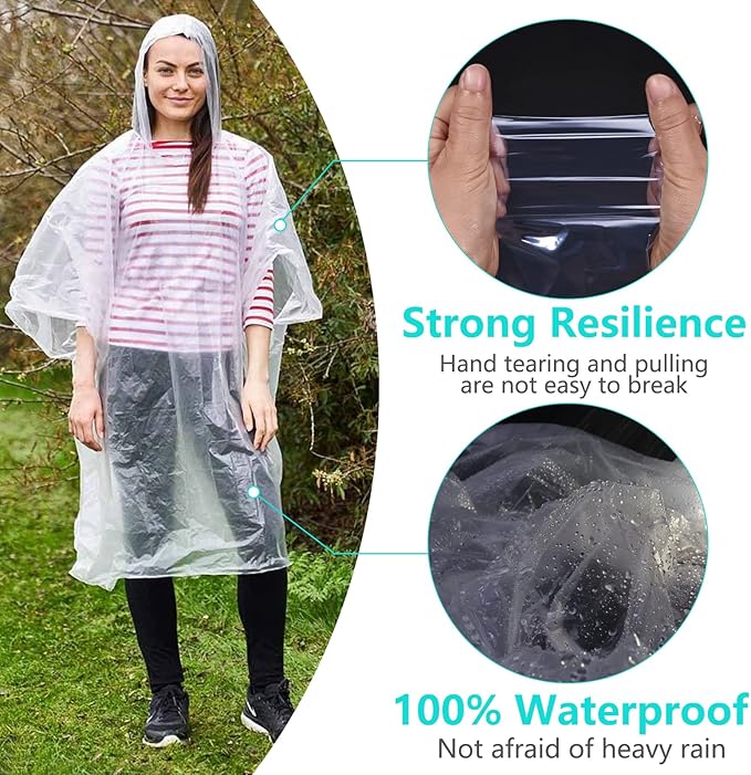 Disposable Rain Ponchos for Adult, Rain Poncho with Drawstring Hood, Emergency Rain Ponchos for Adult