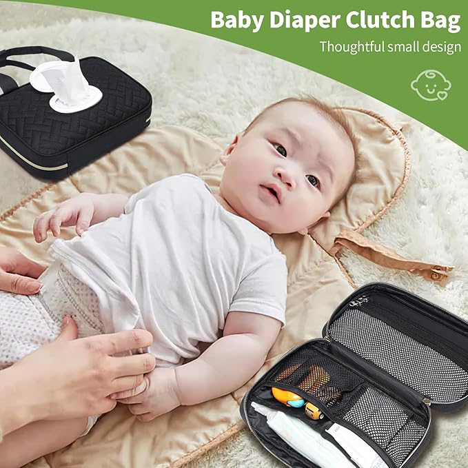 Diaper Bag Organizer with 2 Pieces Wipes Dispensers, Portable Stroller Mini Diaper Bag Pouches Travel Gear, Foldable Newborn Baby Essentials, Small Clutch, Black