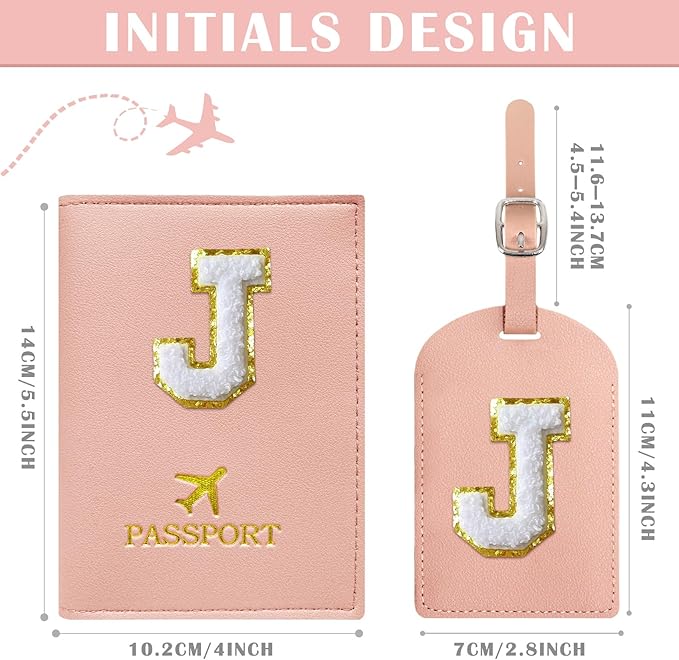 COSHAYSOO Initial Passport Cover Holder and Luggage Tag Set with Chenille Letter Patch ABC for Women Teenage Girls, Travel Essentials Must Have Stuff Bag Suitcase Identifier Pink J