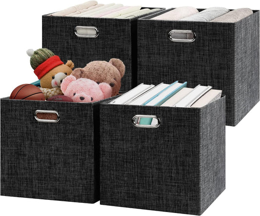 Posprica Fabric Storage Cubes,13×13×13 cube storage bins, Foldable Drawers Baskets Containers for Shelf Cabinet Bookcase,Thick and Heavy Duty (4pcs, Black)