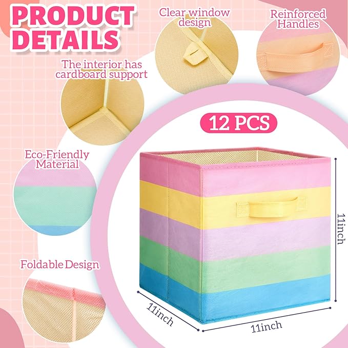 Yinder 12 Pcs Cube Storage Bin Rainbow Colorful 11'' Storage Bins for Playroom Decor Colorful Bins for Kids Foldable Baskets for Nursery Organizer Boxes Fabric Boxes