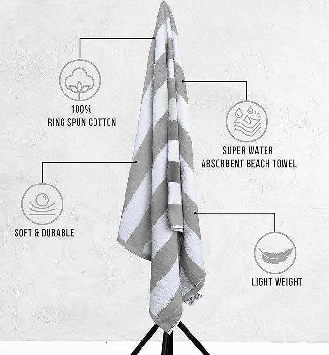 Utopia Towels 4 Pack Cabana Stripe Beach Towel, 30 by 60 Inches, Oversized 100% Ring Spun Cotton Pool Towels, Highly Absorbent Quick Dry Bath Towels for Beach, and Swim, Grey