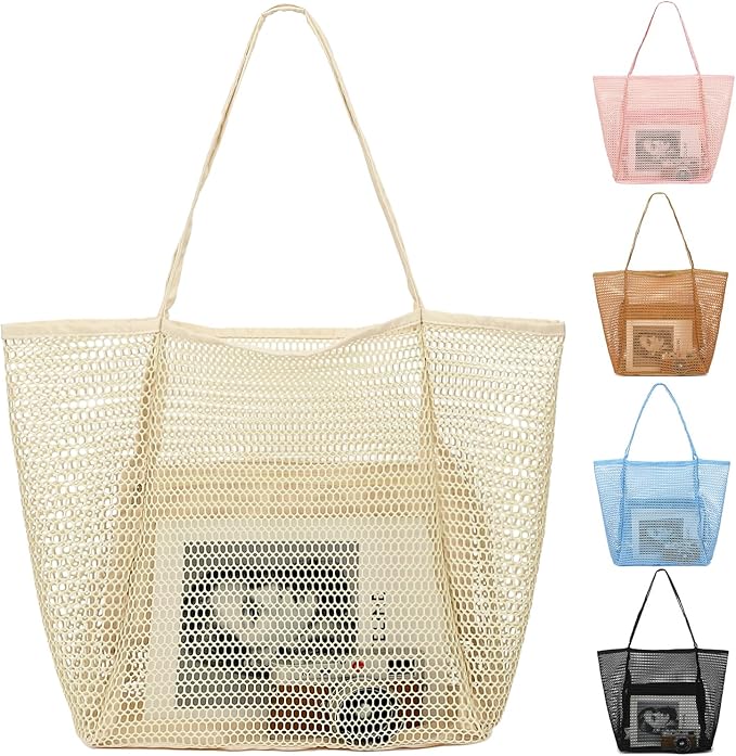 Mesh Beach Bag, Large Beach Tote with Zipper Pocket, Toys Pool Bag for Family Travel Vacation Cruise Essentials