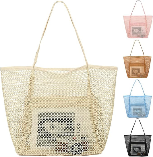 Mesh Beach Bag, Large Beach Tote with Zipper Pocket, Toys Pool Bag for Family Travel Vacation Cruise Essentials