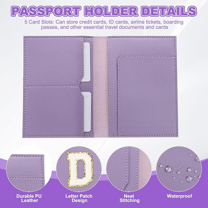 PATIKIL Passport Holder for Travel, Initial Passport Cover and Luggage Tag Set with Alphabet Chenille Letter Patch Travel Wallet Bag Suitcase Identifier for Women Family Travel Purple D