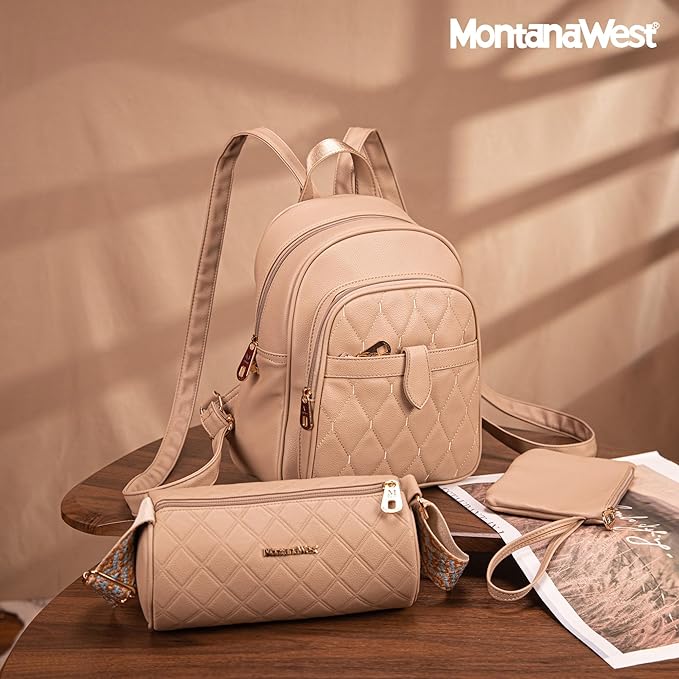 Montana West 3Pcs Anti Theft Backpack Purse for Women Small Quilted Backpack Set