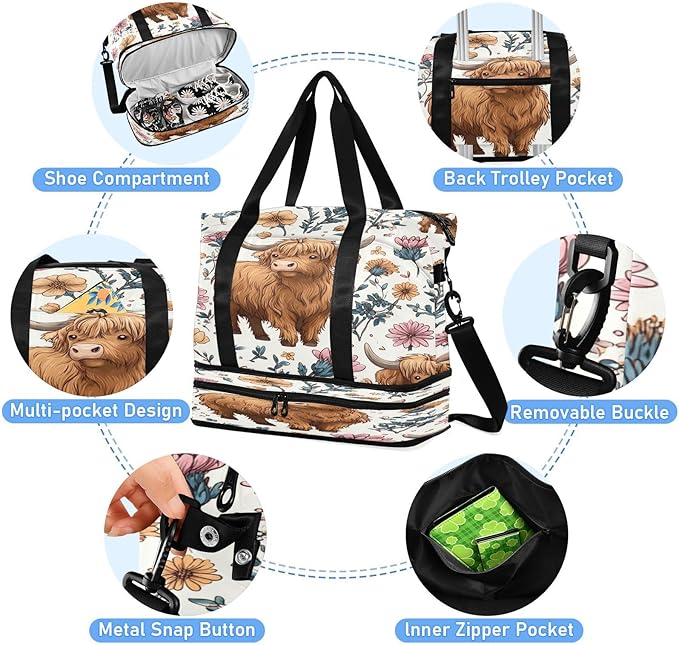 Travel Duffel Bags for Women Highland Cow Floral Print Sports Duffel Bags Gym Bags with Shoes Compartment Tote Bag Weekender Bag for Travelling