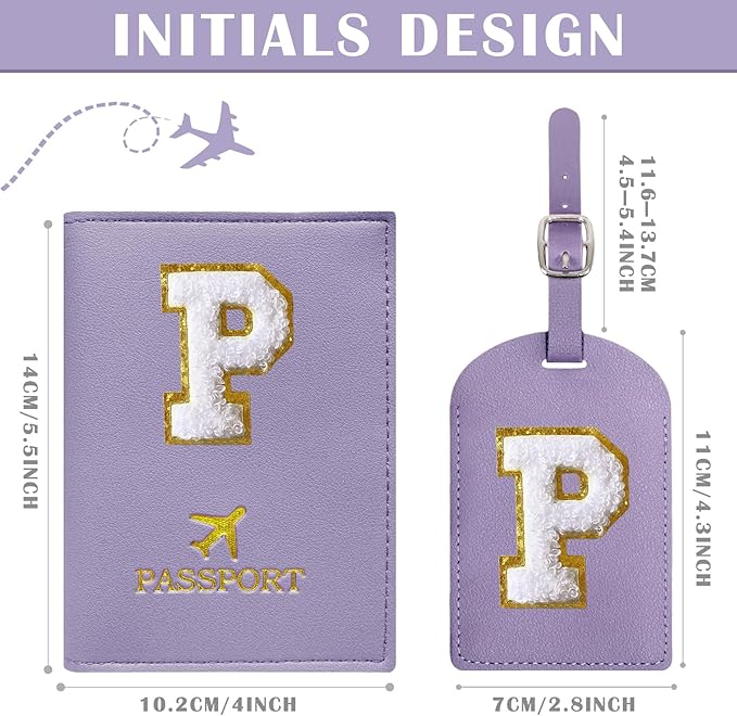 COSHAYSOO Purple Passport Cover and Initial Luggage Tag Set TSA Approved with Preppy Chenille Letter Patch, Trendy Traveling Bag Backpack Suitcase Identifier Stocking Stuffer Gifts for Women Girls (P)