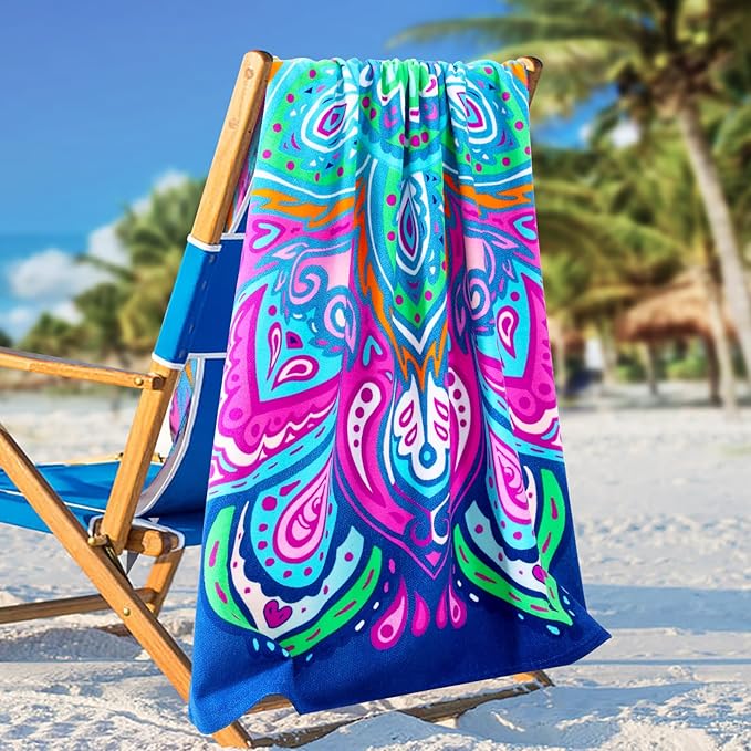 Oversized Terry Beach Towel 36 x 72 in Soft Extra Large Big Pool Swim Towels for Adults XL Clearance Big Travel Blanket Cruise Vacation Accessories Essentials Lounge Chair Cover Purple Floral