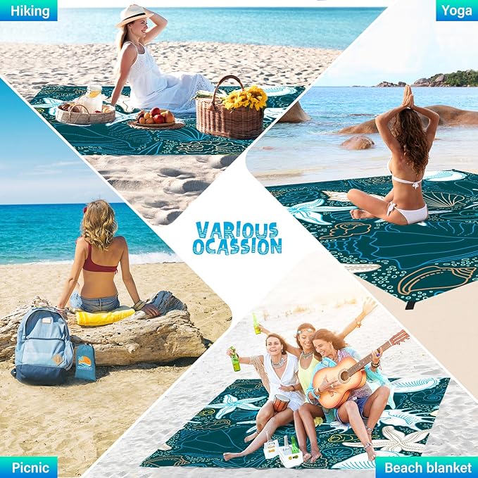 Beach Blanket Waterproof Sandproof 1-7 Adult Oversized 78 '' × 81 '' Lightweight Durable Compact Sand Free Beach Mat for Travel Camping Hiking Picnic Blanket Extra Large