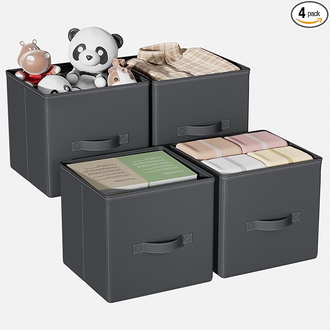 Cube Storage Bins, 11 Inch Fabric Organizers with Handles - Foldable Collapsible Storage Cubes for Shelves, Bedroom, Closet, Cabinet, Bookcase, or Office (Grey, Pack of 4)