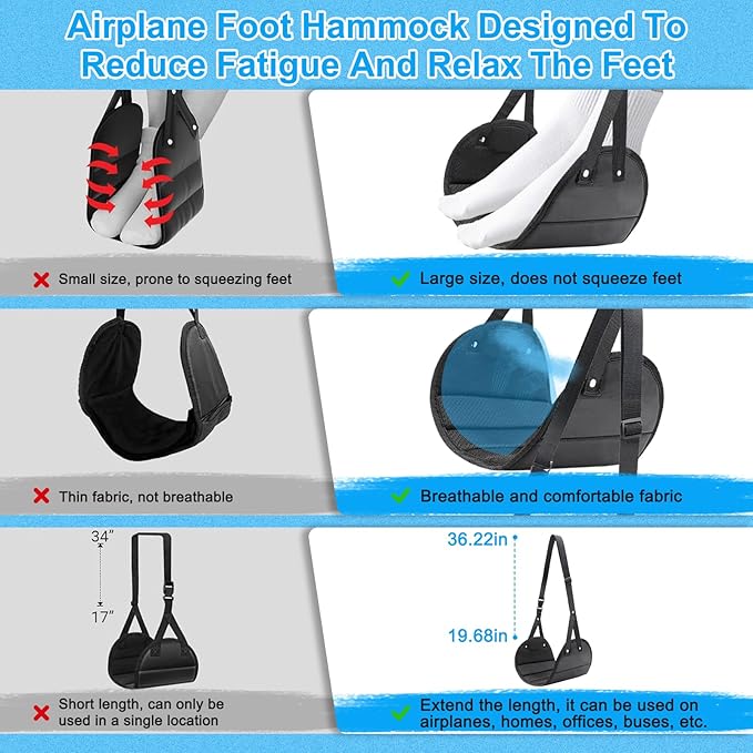 2-Pack Airplane Travel Footrest Hammock, Portable Airplane Foot Hammock with Adjustable Strap, Desk Foot Hammock to Relax Your Feet, Foot Sling Travel Work Essentials (Black & Blue)