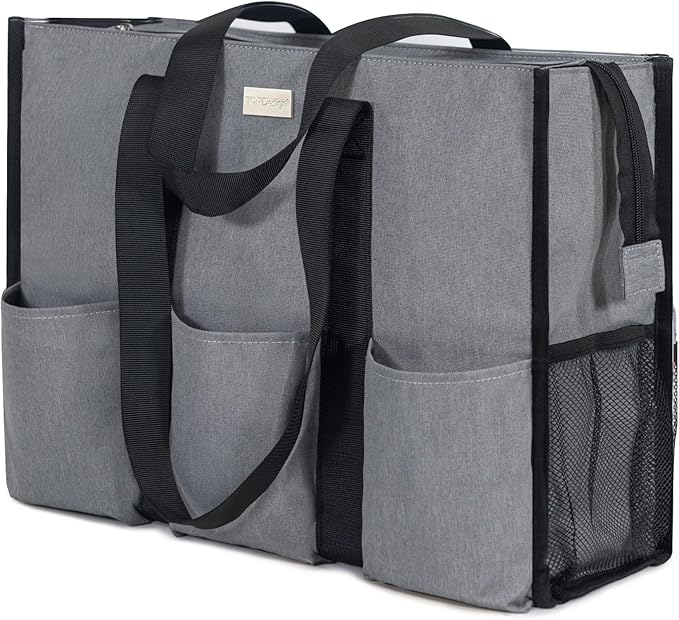 TOPDesign Utility Water Resistant Tote Bag with 13 Pockets, Top Zipper Closure & Thick Bottom Support, for Working Women