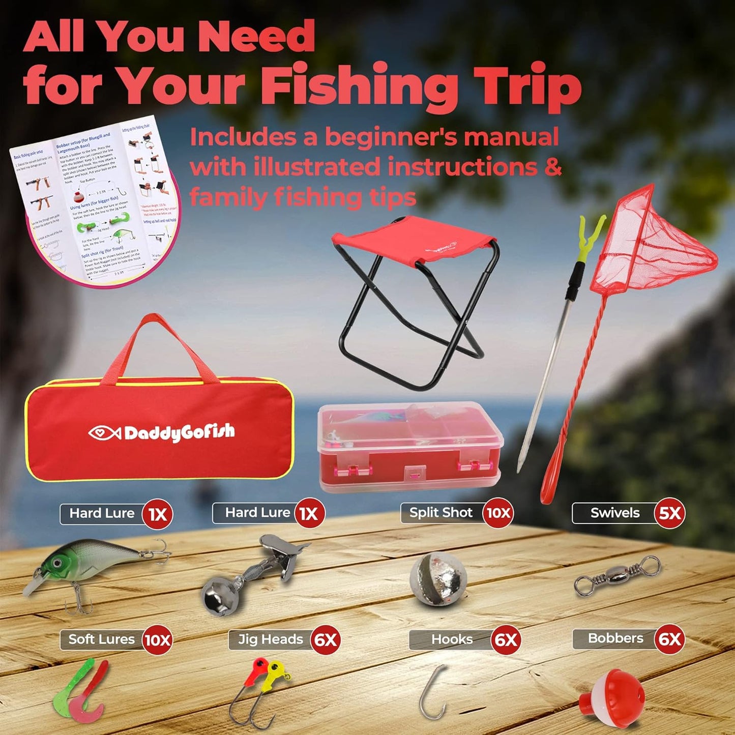 DaddyGoFish Kids Fishing Pole - Rod Reel Combo Tackle Box Starter Set - First Year Small Gear Kit for Boys Girls Toddler Youth Age Beginner Little Children
