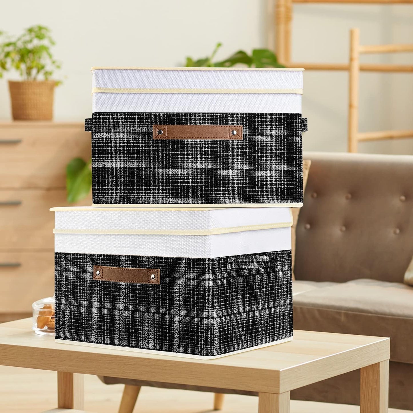TYEERS Collapsible Storage Bins with Lids, Patchwork Design, Washable, Fabric Storage Boxes, 14.9x9.8x9.8 inches, 5 Pack, Black