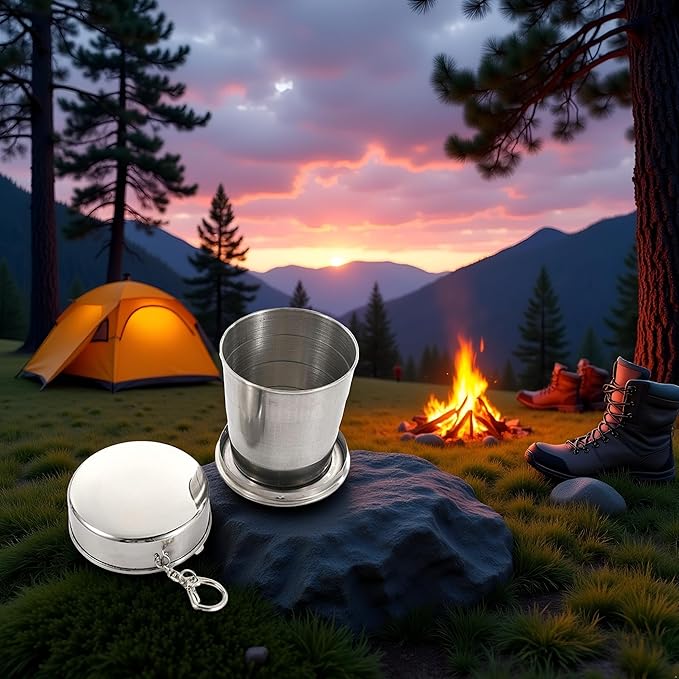 1Pc Silver Stainless Steel Folding Camping Mug Collapsible Portable Cup with Keychain for Outdoor Activities Hiking Picnic(Large), Camp Kitchen