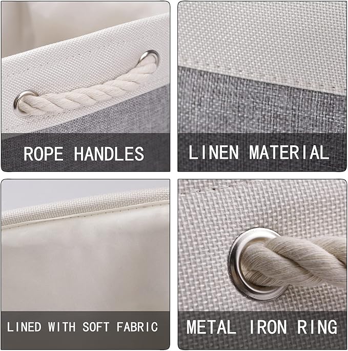 HNZIGE Large Fabric Storage Baskets (3 Pack) - Foldable Gift Baskets with Rope Handles, Decorative Organizers for Home (White & Gray, 15" x 11" x 9.5")
