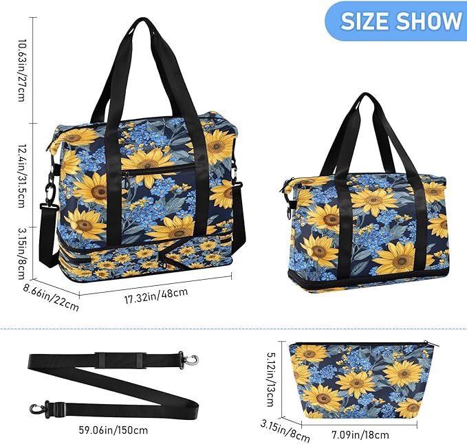 CEBUGI Sunflower Forget Me Sports Duffle Bags Extensible Gym Bag Wet and Dry Separate Portable Travel Duffel with Shoe Compartment & Wet Pocket