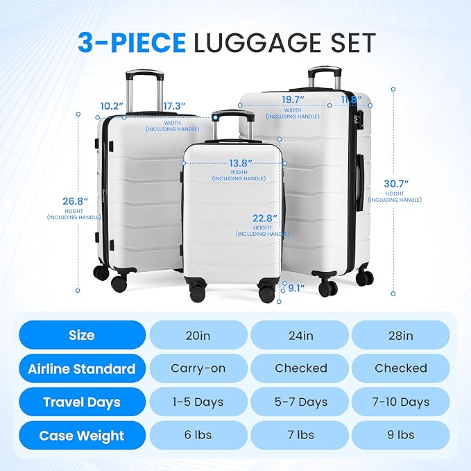 Simple Deluxe 24 Inch Hardside Carry On Luggage, Suitcase with Double Spinner Wheels & TSA Lock, Hard Shell Suitcase, Expandable Rolling Lightweight Luggage, White