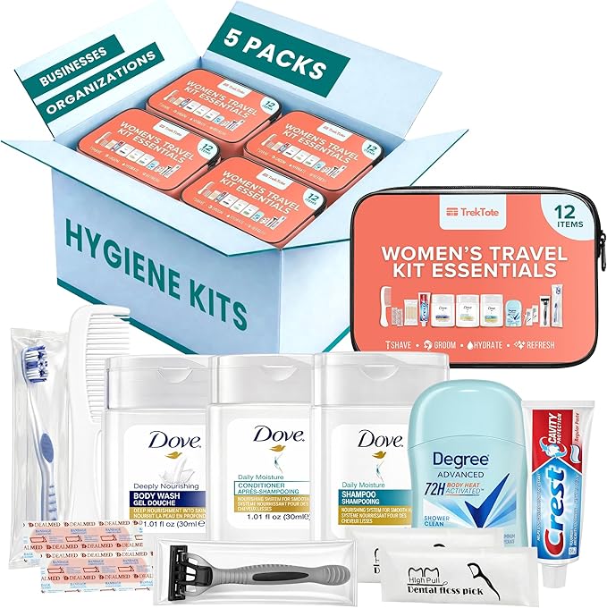 Trektote 12-Piece Women’s Travel Hygiene Kit with Toiletries & Grooming Essentials, TSA-Compliant, Clear Cosmetic Bag, Available in Bulk