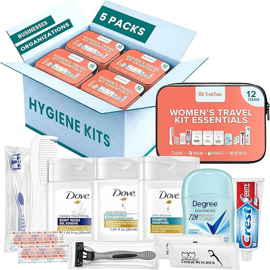 Trektote 12-Piece Women’s Travel Hygiene Kit with Toiletries & Grooming Essentials, TSA-Compliant, Clear Cosmetic Bag, Available in Bulk