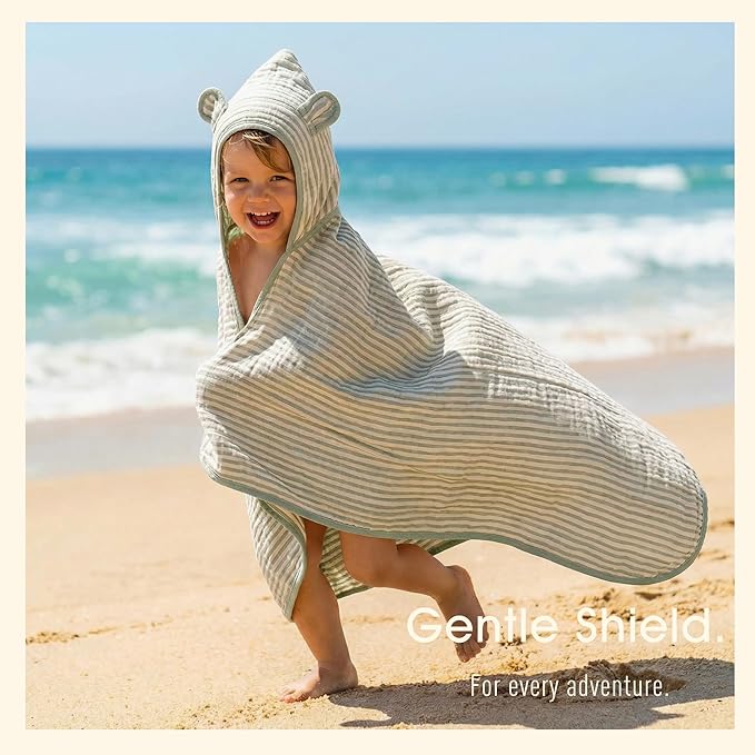 Ultra-Soft Muslin Toddler Hooded Towel – 55 x 28 Inches, Made with Organic Cotton, Gender-Neutral Sage Green Striped Jacquard Pattern, Ideal for Bath & Beach, Newborn to Toddler