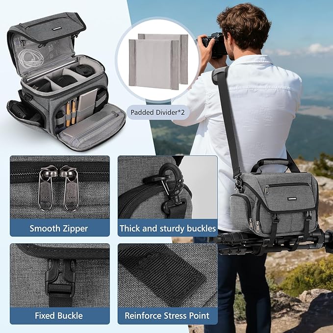 RAINSMORE Camera Bag, DSLR/SLR/Mirrorless Camera Sling Bag for Photographers Waterproof Small Camera Case with Tripod Holder & Rain Cover Camera Crossbody Bag for Canon/Nikon/Sony/Fuji, Grey