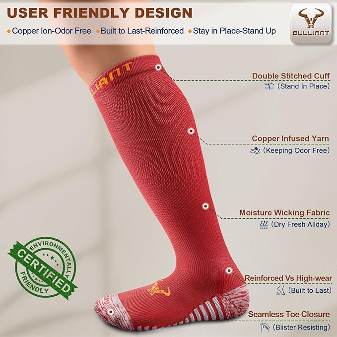 BULLIANT Men Compression Socks 3Pairs-Knee High Socks 15-20 Pressure Unise- Cushioned Sole Extra Wicking