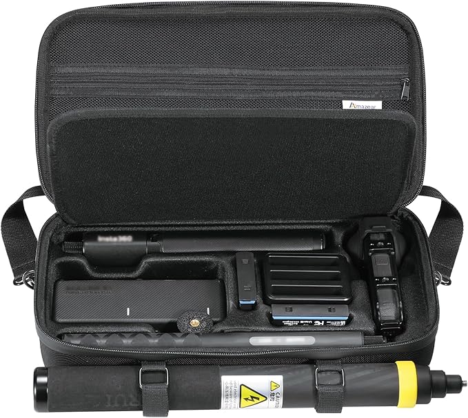 AMAZEAR Carrying Case for Insta360 X5 Accessories, Insta 360 X5 X4 Air Action Camera Waterproof Travel Carry Bag with Shoulder Strap, Compatible with 3M 9.8ft 2-in-1 Selfie Stick Tripod, Pure Black