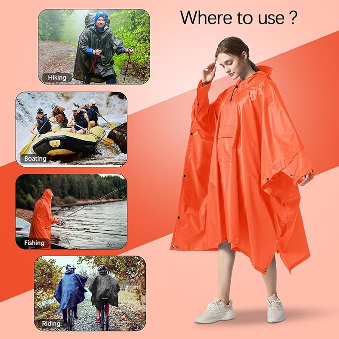 NUUR Rain Poncho for Women Adults Unisex Hooded Zipper Raincoat Waterproof Reusable Hiking Rain Coat with Pockets