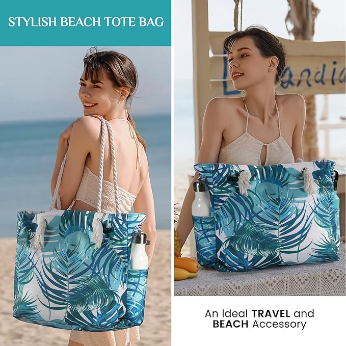 Clothirily Beach Bag for Women - Large Beach Tote Bag, Waterproof Sandproof Beach Bag with Zipper, Large Swim Pool Beach Tote