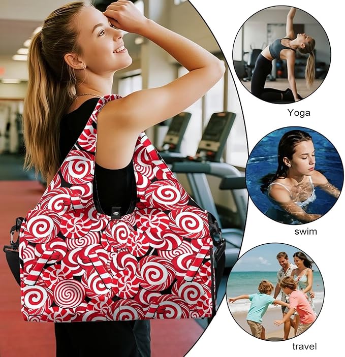 Christmas Candy Cane Gym Bag for Women with Shoe Compartment Personal Item Bags Fitness Workout Overnight Weekender Duffle Bag for Travel Carry On Christmas Outfits Gifts Decor