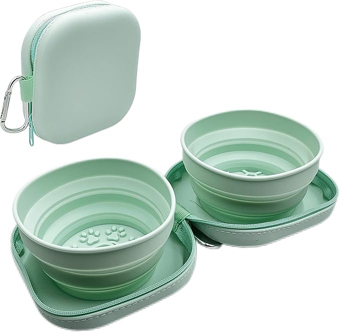 ZBBOPQ Portable Dog Bowl, Collapsible 2-in-1 Travel Dog Bowls with Carabiner Clip, Silicone Double Pet Food and Water Dish for Outdoor Camping and Hiking (Green)