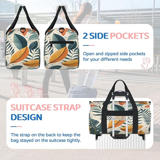 Leaf Travel Duffle Bag for Women Men, Overnight Weekender Bag, Carry on Tote for Sport Gym