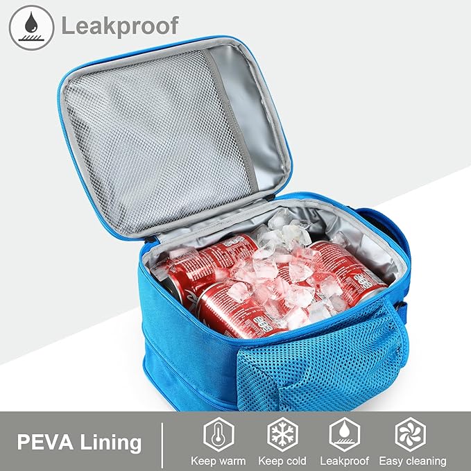 MIER Expandable Lunch Bag Insulated Lunch Box for Men to Work Travel Portable Lunchbox Bags with Shoulder Strap and Water Bottle Holder，Light Blue