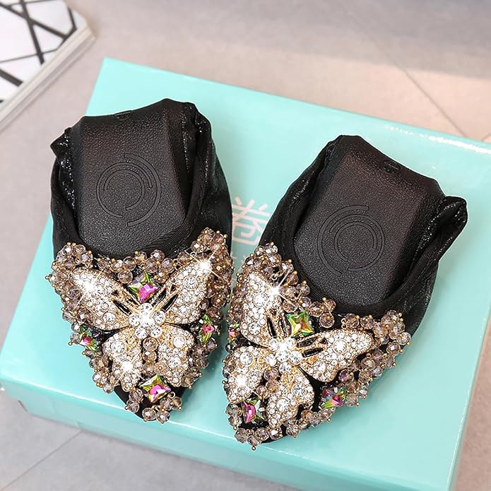 Women Ballet Flats Sparkly Rhinestone Wedding Ballerina Shoes Pointed Toe Foldable Comfort Slip on Flat Dress Shoes