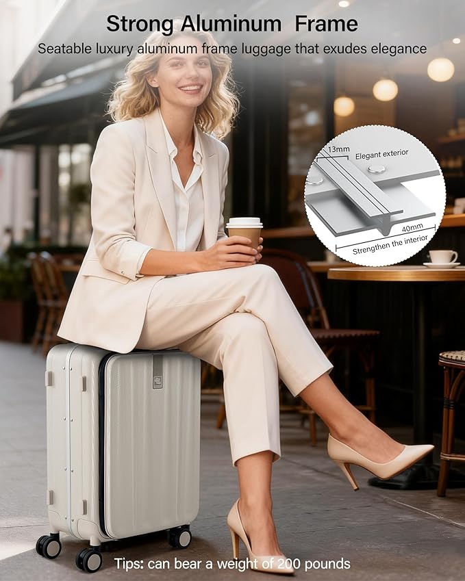 Hanke 20 Inch Carry On Luggage with Wheels PC Hard Shell Suitcase Top Opening Aluminum Frame Travel Luggage Suitcases for Woman Men Gifts.(Ivory White)