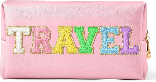 CY2SIDE TRAVEL Letter Makeup Bag - Colorful Chenille Letter Patch Cosmetic Bag Pink PU Leather Patch Pouch Waterproof Portable Zipper Travel Organizer Christmas Idea Gifts for Women Girls, Pink